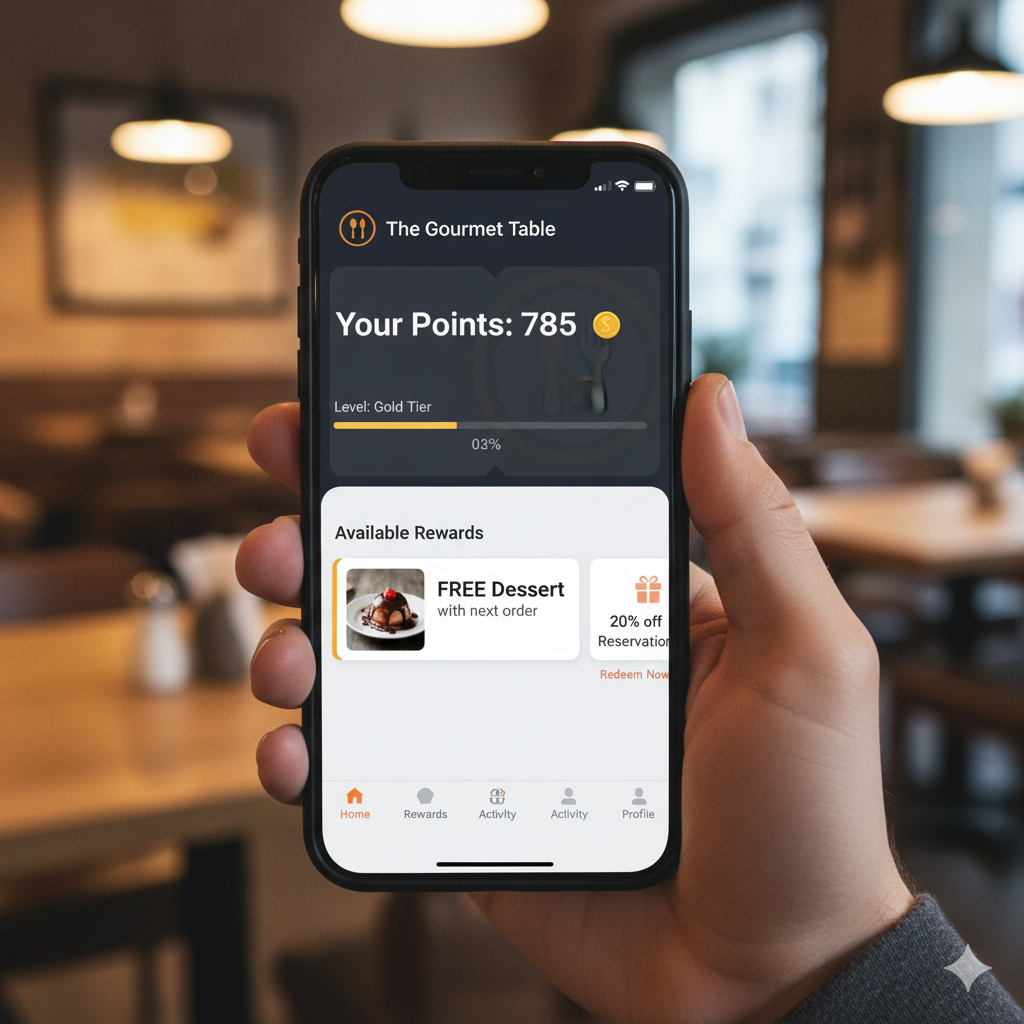 A person's hand holding a smartphone displaying a restaurant's loyalty program app with points and rewards.