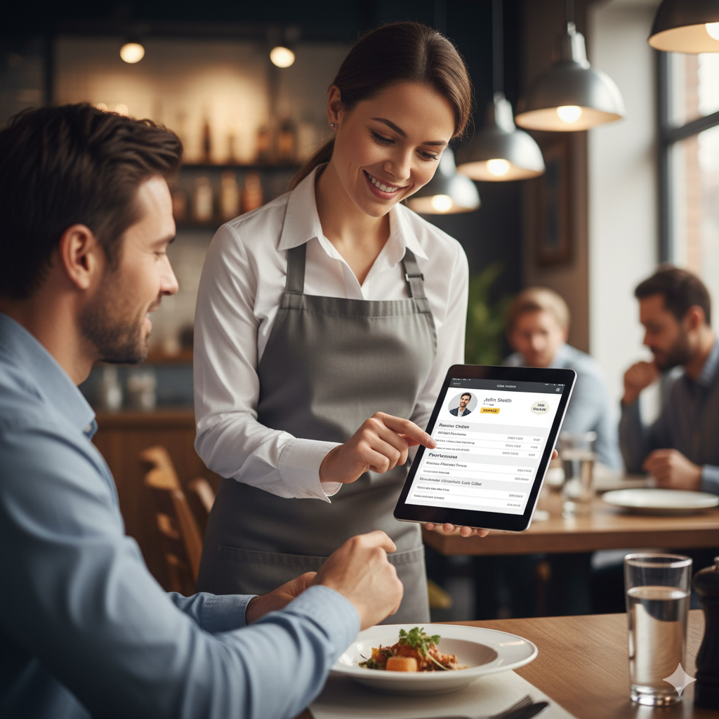 A restaurant staff member looking at a customer's profile and order history on a tablet to provide personalized service.